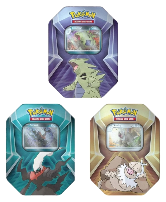 Tyranitar/Dark Eye/Slaking Triple Whammy Tin Set (transparent cutout on dark theme)